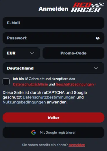 RedRacer Casino Anmelden und Willkommensbonus nutzen