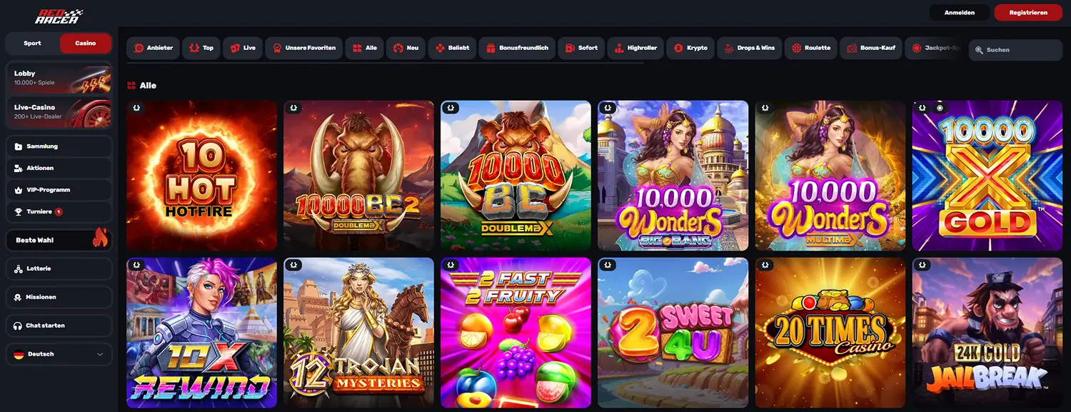 Spielebibliothek bei Redracer Casino Online
